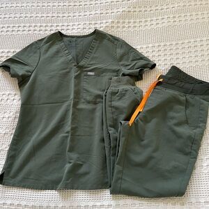 Figs Dark Green Scrub Set. joggers and shirt set with Bright Orange Detail